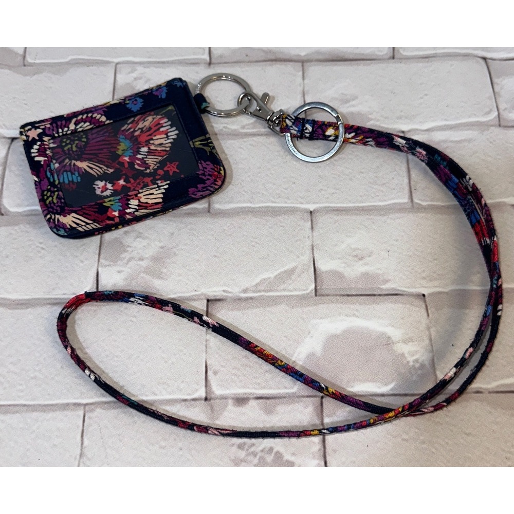 Vera Bradley Navy Floral Quilted ID Case‎ Wallet and Lanyard Set Silver Hardware